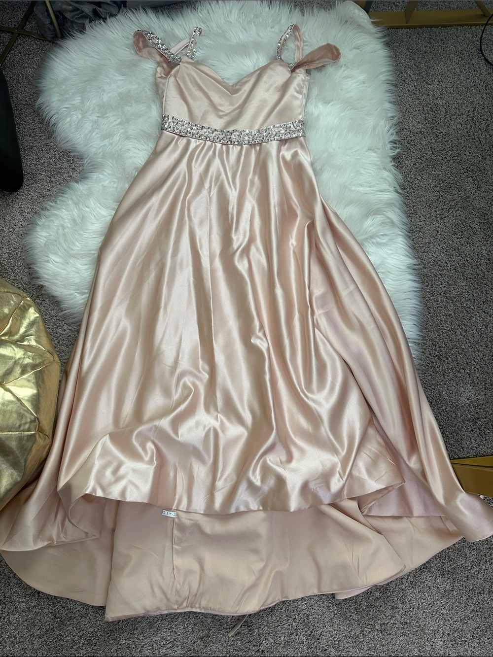 Champagne Pink Satin Girls' Formal Dress with Jeweled Waist NWOT